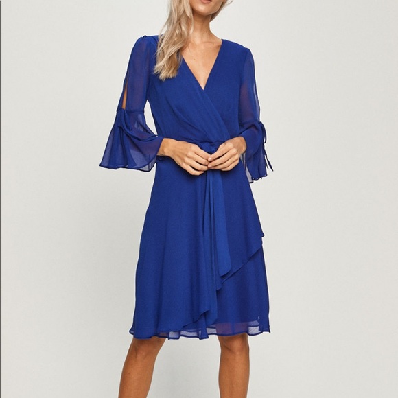 DKNY Belted Wrap Dress Blue NWT NEW Reg $129 Sz 14 - Picture 1 of 5